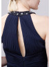 Beaded Halter Neck Navy Blue Chiffon Long Bridesmaid Dress